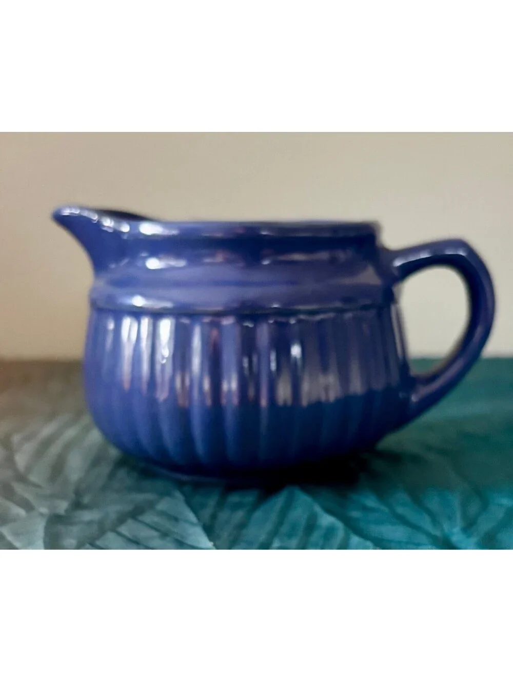 Vintage Cobalt Blue Pottery Creamer Pitcher Ribbed Ceramic Farmhouse